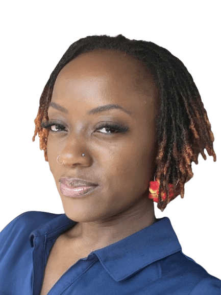 Confident woman with short dreadlocks and blue outfit.