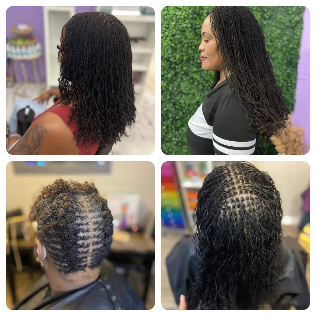 Woman with textured hairstyle, front and back.